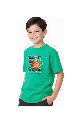 Fyk Kids Erkek Çocuk Yuvarlak Yaka Basketball Baskılı T-shirt Yeşil