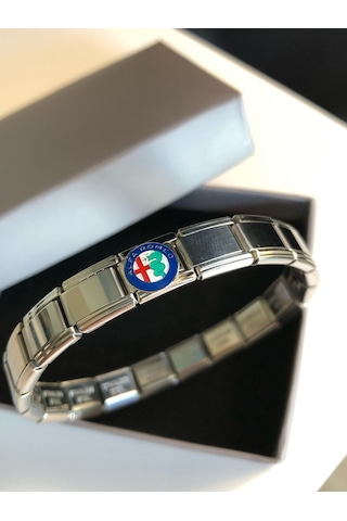 Erkek Kadın Çelik Bileklik - Alfa Romeo Logo Model Italy Nomi Charm Gümüş