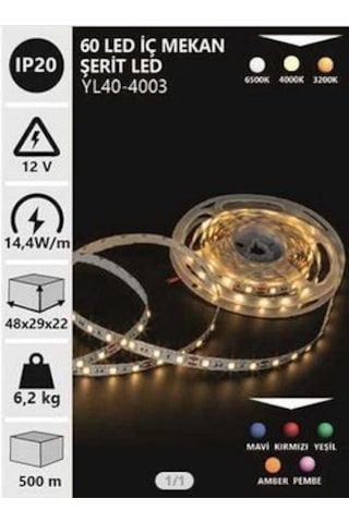 Noas 12v 4040 Mavi Şerit Led İç Mekan Ip20 5mt/pk Yl40-4003 Mavi