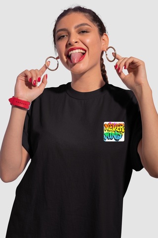 Nevermınd Unisex Renkli Graffiti Baskılı Oversize Beyaz Tişört Siyah Siyah
