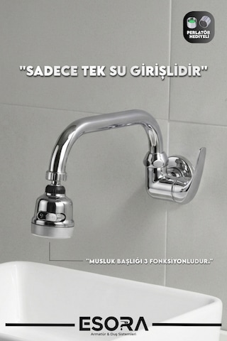 Duvardan Tek Su Girişli 3 Fonksiyonlu Oynar Başlıklı Lavabo Musluğu Krom