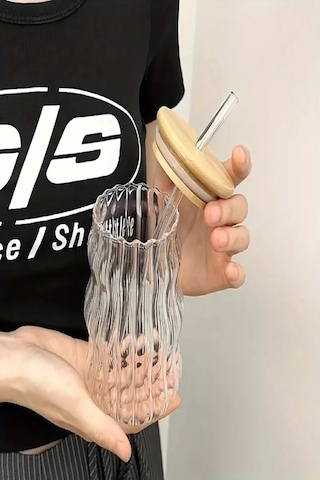 Bardak Kahve Kokteyl Sunum Bardağı 400ml 2li Sukabağı Latte Bardak Bambu Kapaklı İskandinav Cam Bambu