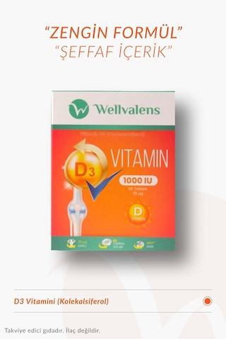 Wellvalens D3 Vitamini 1000 Iu Günlük D Vitamini Takviyesi 90 Tablet