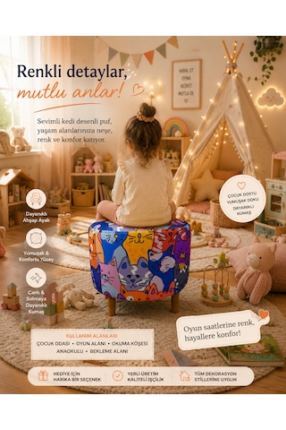 Diday Kedi 2 Puf Trend Puf Koltuk Puff Bench Dekoratif Bohem Doğal Gürgen Ayaklı Çok Amaçlı Bahçe Ev Balkon Çocuk Bench Çok Renkli