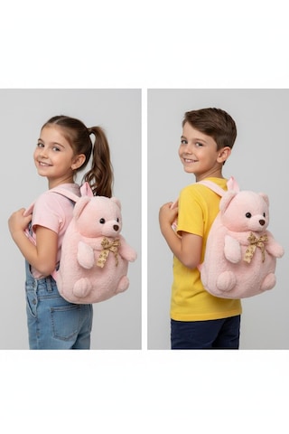Sarı Çantalı Peluş Ayıcık 5 Renk Varyantlı Açık Pembe