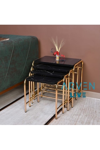 Renk Renk Mermer Desenli Gold Mikelaj Ayaklı 4'Lü Zigon Sehpa