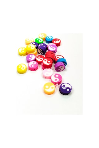 90 Adet 10 Mm Polimer Kil Fimo Boncuk Takı Bileklik + 5 Metre Misina Hediye - Yin Yang - Karışık - Limon