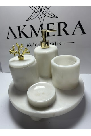 Mermer Top Ayaklı Standlı 5 Parça Lüks Banyo Seti Altın - Beyaz