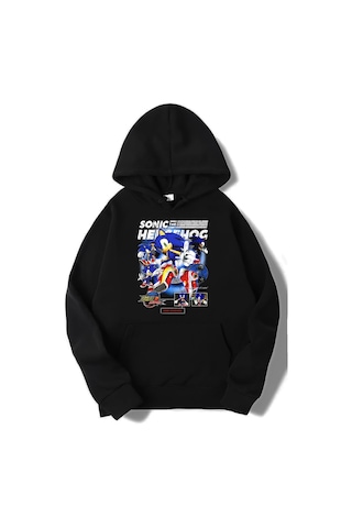 Brz Collection Unisex Oversize Blue Sonic The Hedgehog Blue Hoodie Siyah