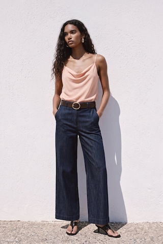 Sateen Askılı Degaje Yaka Bluz - Pudra-137668