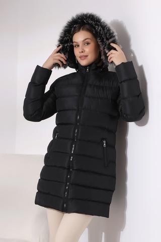 Tals Moda Siyah Renk Kapişonlu Peluşlu Kadın Montu Siyah