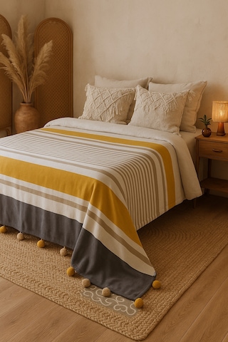 Merinos Colorway Pamuklu Pomponlu Battaniye 180 X 220 Sarı Gri