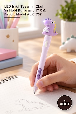 1 Adet Dinozor Tasarımlı Ledli Kurşun Kalem Led Işıklı Tasarım, Okul Ve Hobi Kullanımı, 17 Cm, Pencil, Model Alk1767 Sarı