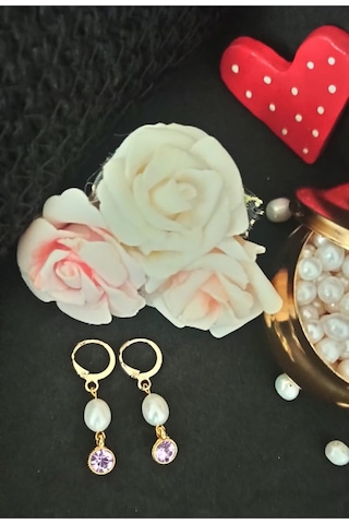 24k Altın Kaplama Gerçek İnci Zirkon Taşlı Lila Mor Tasarım Küpe Gold