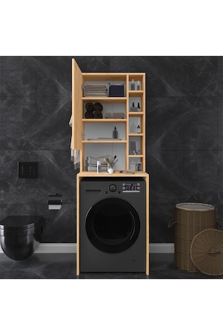 Asra Trend Çamaşır Makinesi Üstü Banyo Dolabı BD-02 %100 MDF Kapaklı Organizer Raf Safir Meşe