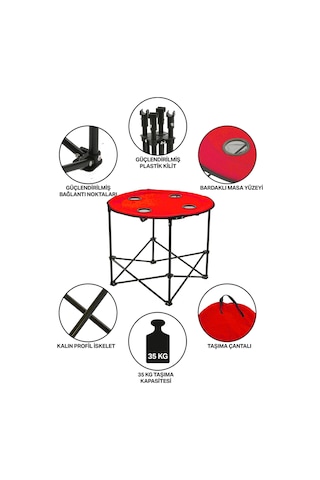 Yuvarlak Katlanır Kamp Masası, Taşıma Çantalı Kamp Masası, Piknik Masası-kırmızı-71x71x60 Siyah