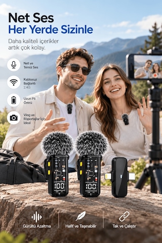 Lexroo 2.4g Kablosuz Çift Mikrofonlu Yaka Mikrofonu İçerik Üretim