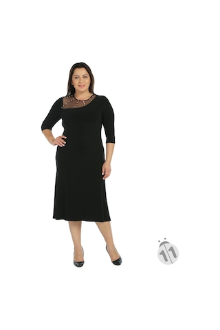 4089S-Nidya Moda Büyük Beden Işli Sandy Elbise Siyah