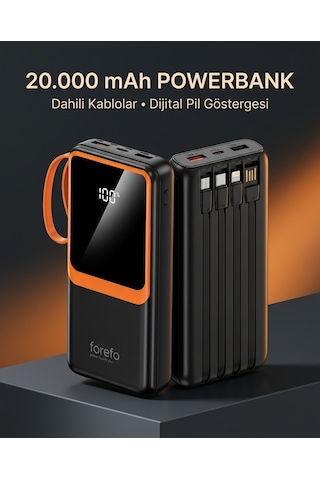 1. Çoklu Çıkışlı 20000 Mah Powerbank Entegre Kablolu Dijital Ekranlı Taşınabilir Şarj Cihazı - Lisinya Siyah