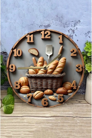 Rustik Ekmek Temalı Mdf Duvar Saati 33 Cm 3d Görünümlü Uv Baskılı Mutfak Dekoru Sdw347 Renkli
