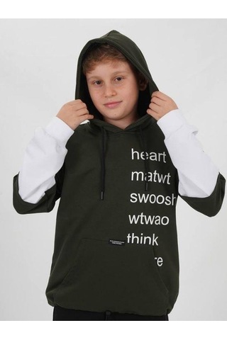 Zekids Çocuk Pamuklu Kapüşonlu Heart Mat Yazılı Sweatshirt-14830 Haki