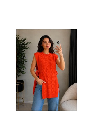 Hira Life Fashion Kadın Bisiklet Yaka Yanları Açık Bağcıklı Oversize Triko Süveter Turuncu Turuncu