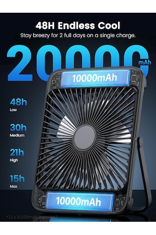 Warmco 20000mah 8 İnç Taşınabilir Kamp Fanı, 48 Saat Maksimum Çalışma Süresi, Led Işık, Sessiz İnce Pille Ça