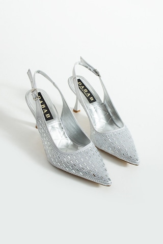 Dabab Shoes Merıa Kadın Gümüş 7 Cm Sivri Burun Kristal Taş İşlemeli Slingback Topuklu Ayakkabı