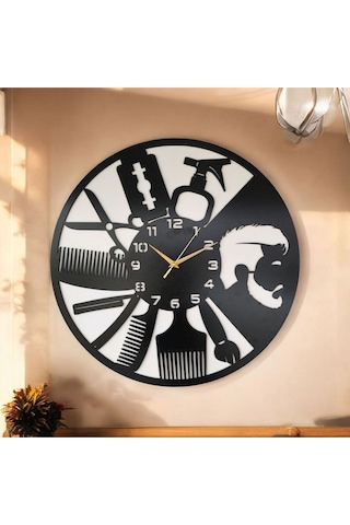 AA Shop Berber Kuaför Ahşap Siyah Renk Sade Sayılı Hediyelik Sessiz Duvar Saati 50cm Siyah
