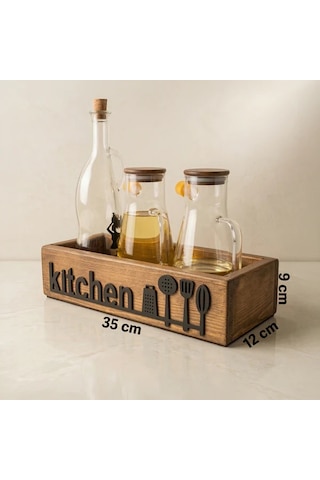 Ahşap Mutfak Organizeri Yağdanlık Standı Kitchen Yazılı Tezgah Üstü Şişe Düzenleyici