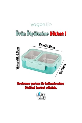 Vagonlife Bento 700ml Tek Katlı 2 Bölmeli Chopstick Ve Kaşıklı Çelik Yemek Kutusu Turkuaz Beyaz