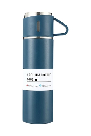 Paslanmaz Çelik 3 Bardaklı Vakumlu Termos Set 500 Ml, 12 Saate Kadar Isı Koruma Termos Mavi Mavi