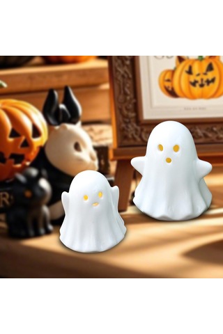 Homyl Cadılar Bayramı Ev Rafı Için 2 Adet Led Seramik Hayalet 16cmx11,5cmx10,5cm