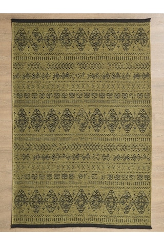 Bohem Tarz Dekoratif Pamuk Taban Şönil Kilim Yeşil Renk Halı