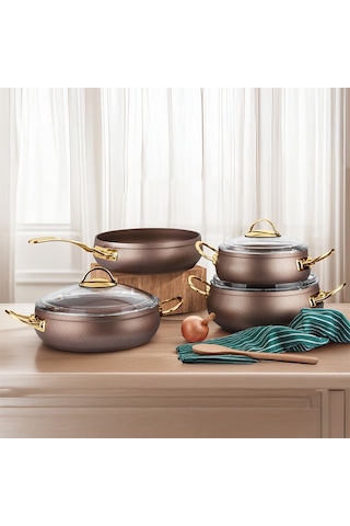 Lines L-5094-2 Yonca Güveç 7 Parça Tencere Seti Bakır Altın Kulp