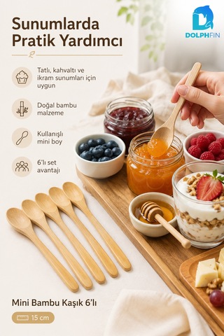 Mini Bambu Kaşık 6 Lı Set 15 Cm Doğal Bambu Tatlı Reçel Bal Baharat Sunum Kaşığı 16 Cm