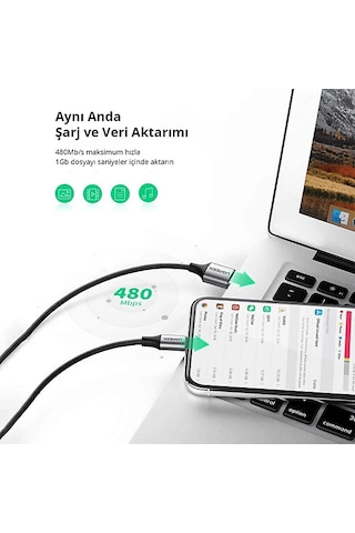 Ugreen Lightning To Usb-a Örgülü Mfi Sertifikalı Hızlı Şarj Kablosu 2 M Siyah