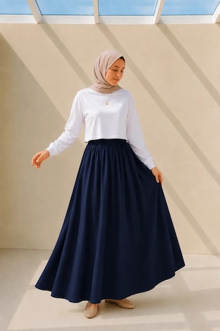 Kadın Lacivert Cepli Beli Lastikli Poplin Uzun Etek 90 Cm