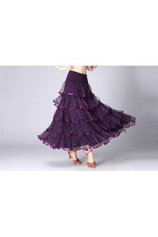 Sones Pullu Salıncak Modern Dans Uzun Etek Yarışma Kostümü Mor