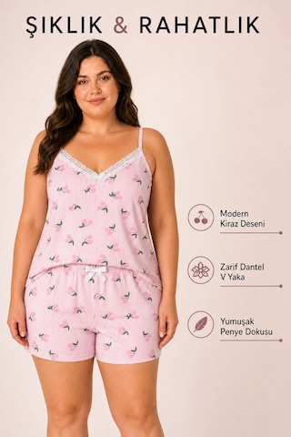 Bravie Kadın Büyük Beden İp Askılı Yakası Dantelli Pembe Kiraz Desenli Yazlık Pijama Takımı Bravie Kadın Büyük Beden İp Askılı Yakası Dantelli Pembe Kiraz Desenli Yazlık Pijama Takımı