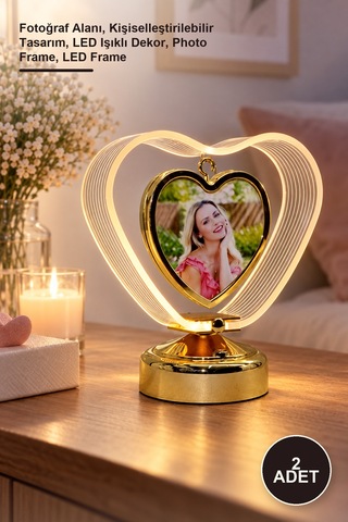 2 Adet Kişiye Özel Kalpli Led Çerçeve Fotoğraf Alanı, Kişiselleştirilebilir Tasarım, Led Işıklı Dekor, Photo Frame, Led Frame