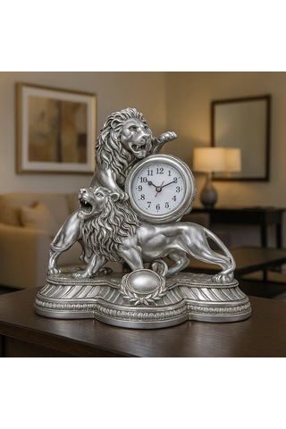 Gümüş Gold Aslan Figürlü Masa Saati 28x26 Gümüş