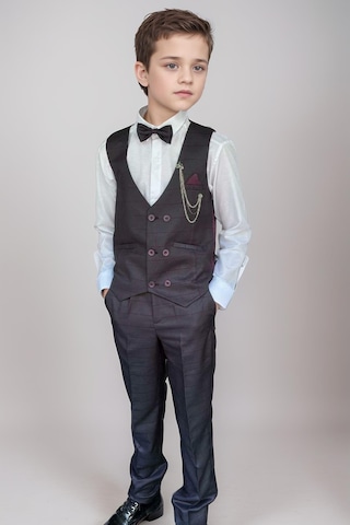 Riccotarz Erkek Çocuk Cepken Yelekli Ekose Desenli Mürdüm Çizgi Detaylı Takım Elbise 10-14 Yaş Mürdüm