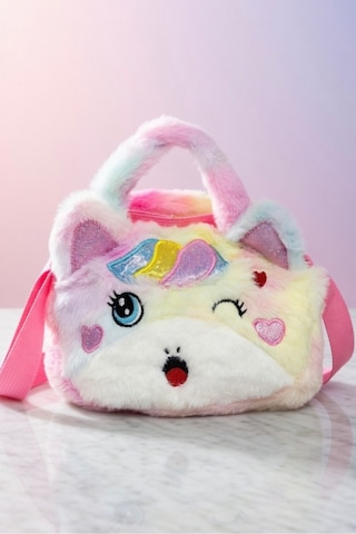 Mollycrush Kız Çocuk Renkli Peluş Çanta Unicorn Tasarımlı Ayarlanabilir Askılı Omuz Ve El Çantası Beyaz