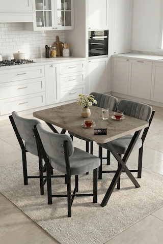 Mutfak Masası 4 Sandalyeli Set 110x70 Cm Modern Masa Takımı Cafe Balkon Ofis Masa Elma 9887 Anstrast Gri
