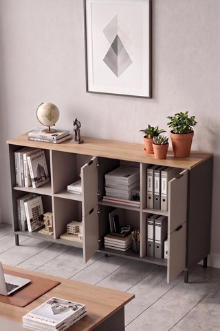 Robin Home Nexus 147x35 Cm Ofis Dolabı Klasör Dolabı Konsol Çok Amaçlı Dolap Metal Ayaklı Sepet-kumsal-antrasit Kahverengi
