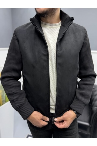 Avni Ceylan Erkek Nubuk Triko Kol Detaylı Slim Fit Mont Siyah