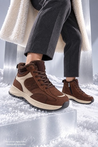 Muggo Nortex Kürklü Fermuarlı Kalın Taban Bağcıklı Kışlık Kadın Sneaker Bot Kahverengi