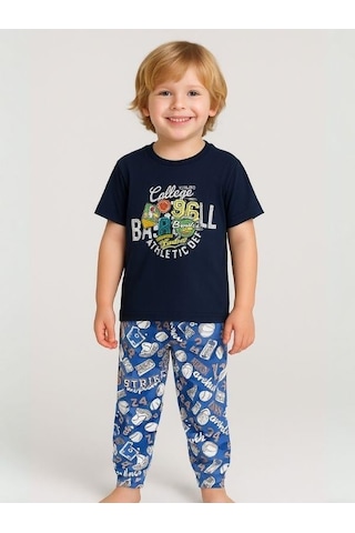 Zekids Erkek Çocuk Pamuklu Kısa Kol College Pijama Takımı-16061 Lacivert