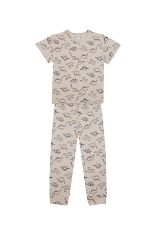 Antebies Organik Bej Dinazor Desenli Beli Lastikli Kısa Kollu Erkek Çocuk Pijama Takımı Krem